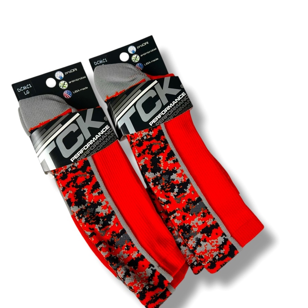 TCK Performance Orange Gray‎ Digital Camo Crew Socks Size Large New 2 Pair